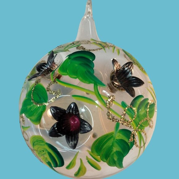 Hand Painted Glass Christmas Ornament  Floral embedded metal Flower  Accents - Picture 3 of 8